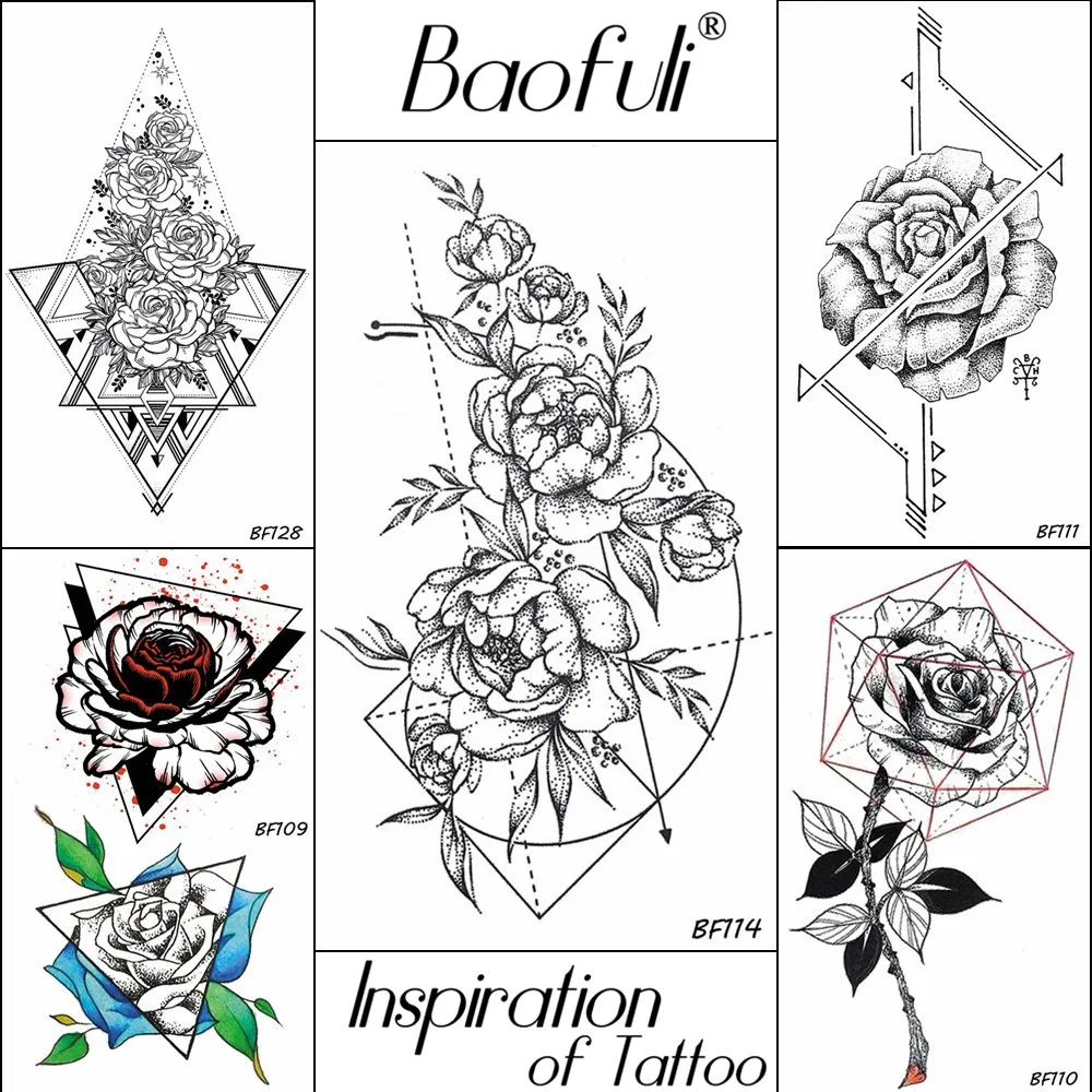 

Baofuli Sketch Art Tattoo Rose Geometric Leave Temporary Tattoo Sticker Women Men Neck Triangle Black Fake Tatto Flower Body Arm