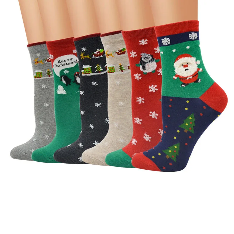 6 Pairs Women Christmas Socks Novelty Funny Jacquard Santa Claus Sled Tree Happy Women Short Sock Comfortable Cotton Sock Meias