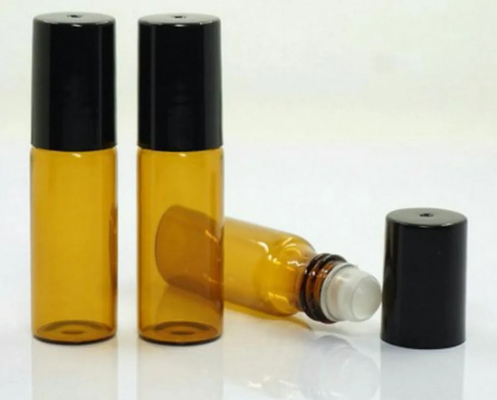 

300 x 5ml High Quality Mini Amber Glass Roll on Bottle With Black/Gold Plastic Lids Glass Ball