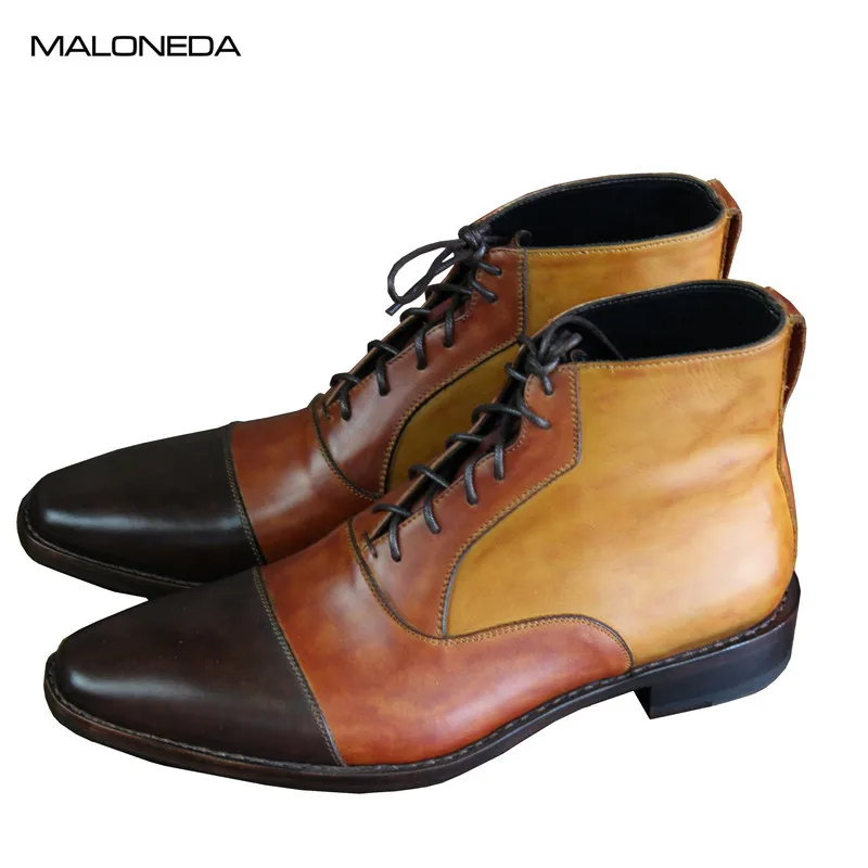 MALONEDE Bespoke Big Size Pure Hand Colored 100% Genuine Leather Sole Lace Up Short Boots With Goodyear Handcraft for Men