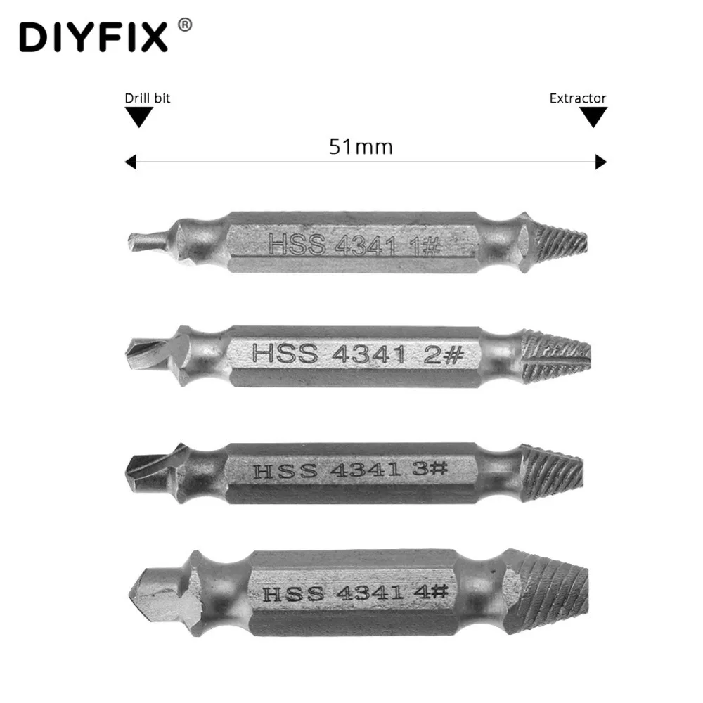 DIYFIX HSS Drill Bits Damaged Screw Extractor Broken Screws Removal Set Breakage Bolt Extractor Kit Easy Out Guide 1# 2# 3# 4#