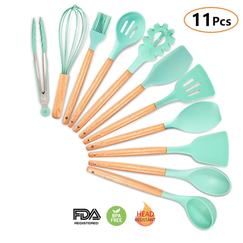 11pcs Silicone Utensils Set Cooking Kitchen Tools Soup Spoon Spatula Non-stick Shovel with Wooden Handle Heat-resistant