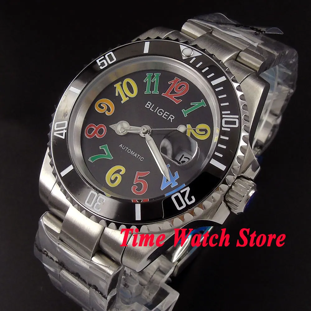 Bliger 40mm Automatic Watch for Men Black Dial Sapphire Crystal Miyota8215 PT5000 Date Cyclops Ceramic Bezel Relógio masculino