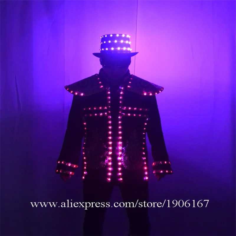 RGB LED Luminous Stage Perform Clothes Hat Illuminated Glowing Robot Dance Light Costumes Men Led Lighting Up Nightclub DJ Suit