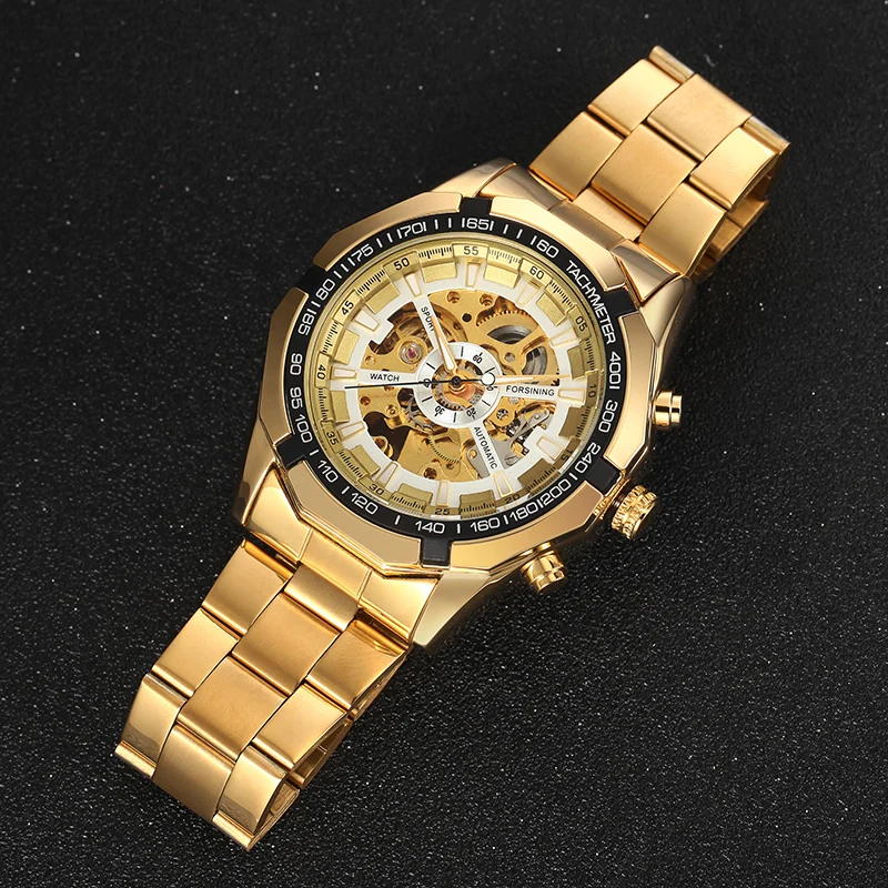 Luxury Brand WINNER Antique Skeleton Mechanical Watches Men Stainless Steel Golden Band Wristwatch Relogio Masculino