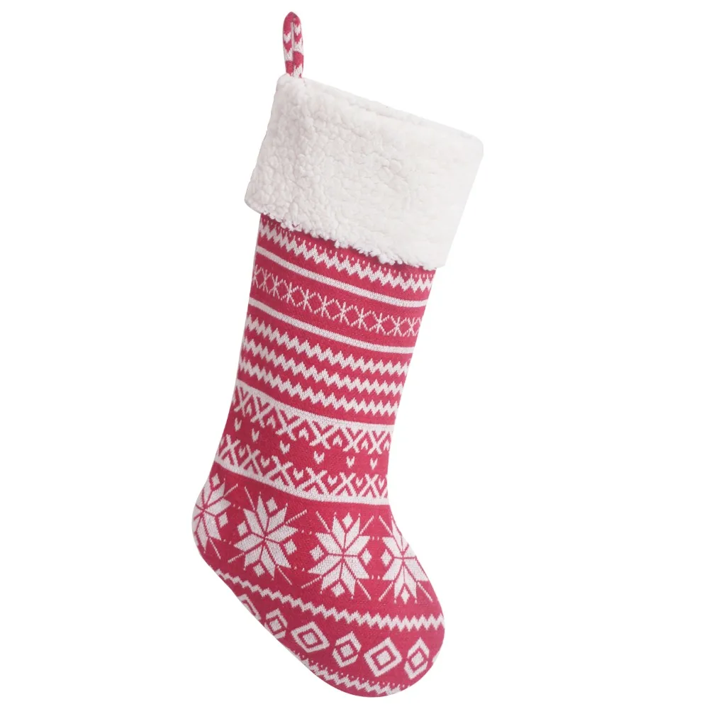 Snowflake Knitted Christmas Stocking with Sherpa Cuff and Backing Christmas Stocking Red  P4145