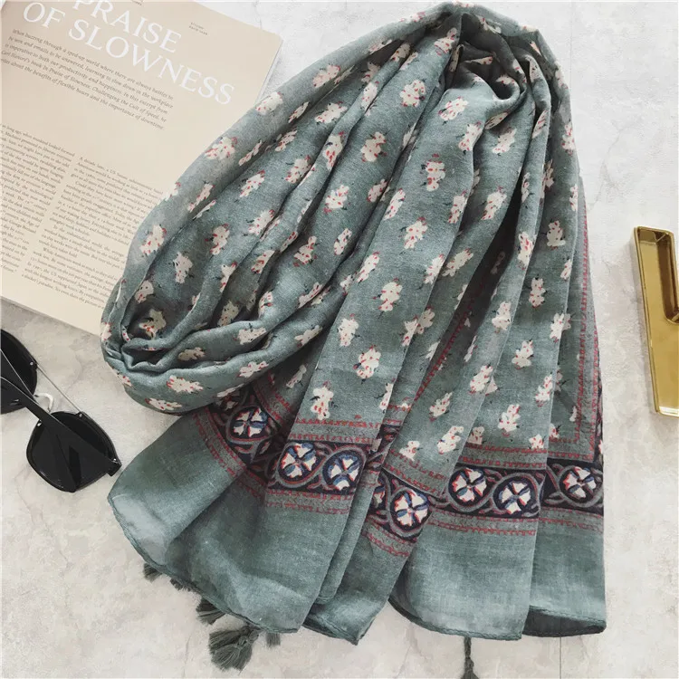 Green Rustic Style Floral Women Tassel Pashmina Shawls Female Seaside Holiday Sunscreen Beach Scarves Stoles Bufanda Lady Shawl