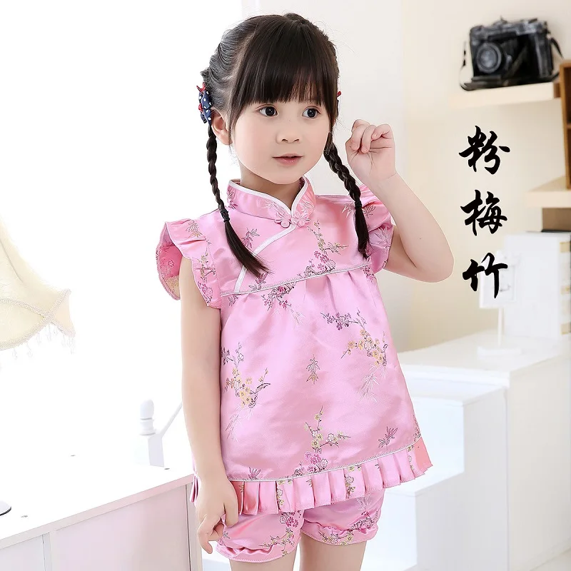 2021 New Summer Floral Qipao Children's Sets New Year Chinese Dresses Short Pants Cheongsam