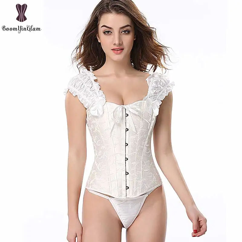 Ruffle Shoulder Strap Corset Spiral Steel Boned Corsets Women Overbust Korset Waist Slimming Shaper Black White Busiter Top Sexy