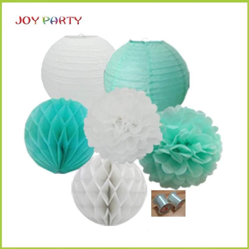 

Mint Tiffany color Themed Festival Garden Wedding Baby Shower Party Paper Lantern Fan Ball Hanging Decoration