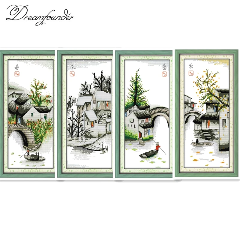 Four seasons in water village cross stitch kit aida 14ct 11ct count printed canvas stitches embroidery DIY handmade needlework