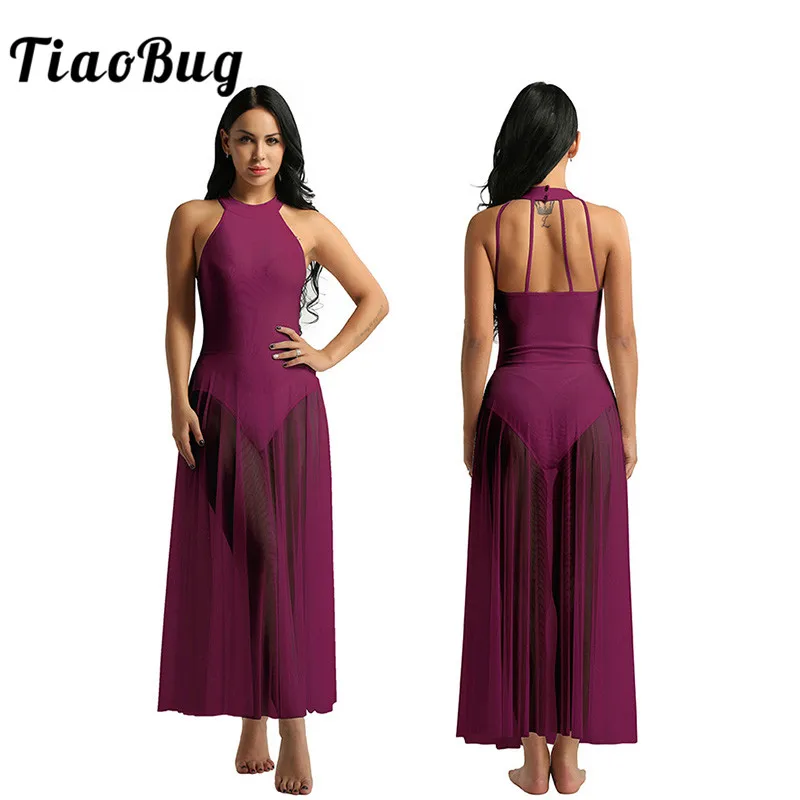 TiaoBug Frauen Sleeveless Mesh Bühne Lyrical Dance Kostüme Erwachsene Ballett Tutu Gymnastik Trikot Einfarbig Lange Dance Kleid