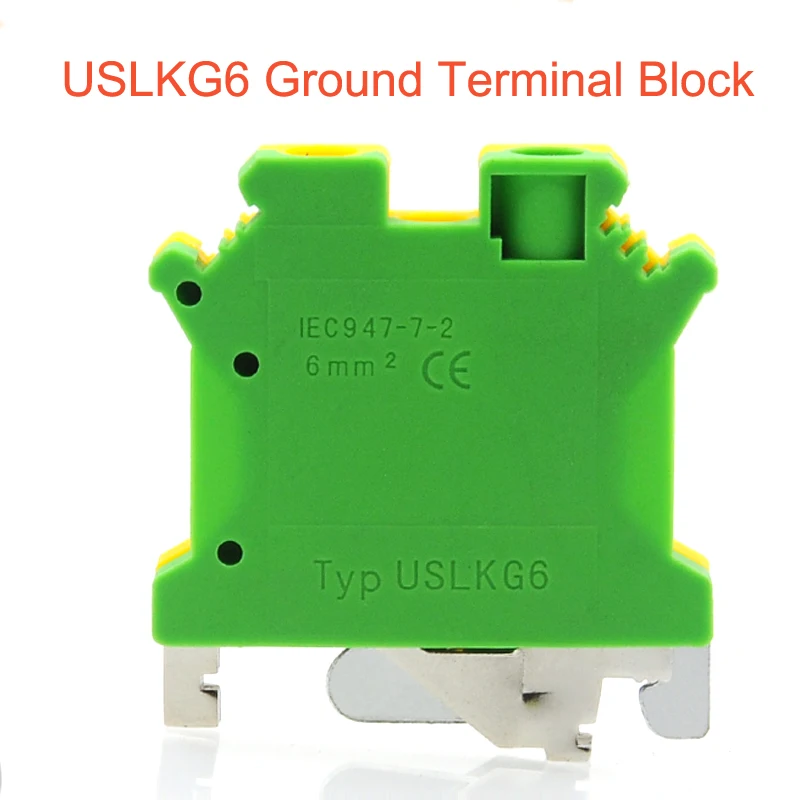 Din Rail Mount Ground Screw Terminal Block USLKG6 Bornier Electric Wire Connectors UK6N Earth morsettiera brass cable 10AWG 6mm2