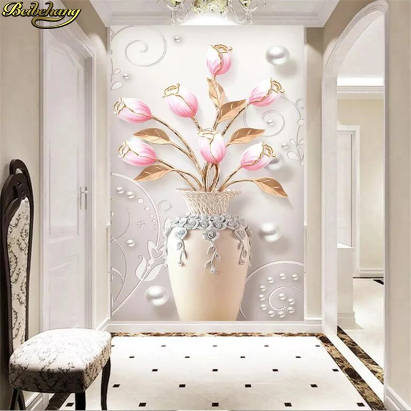 beibehang custom Embossed home rich vase tulips European porch photo mural wallpapers for living room TV background bedroom