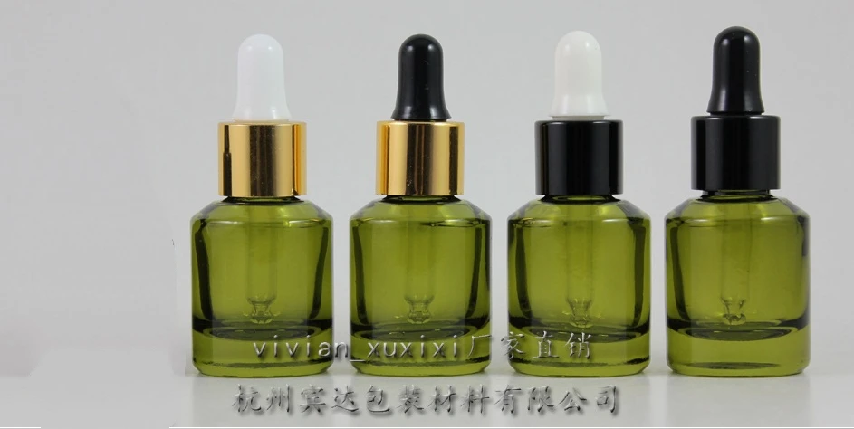 

15ml olive green Glass Essential Oil Bottle With aluminum dropper cap.the bottom of bottle is thick,Essential Oil Container