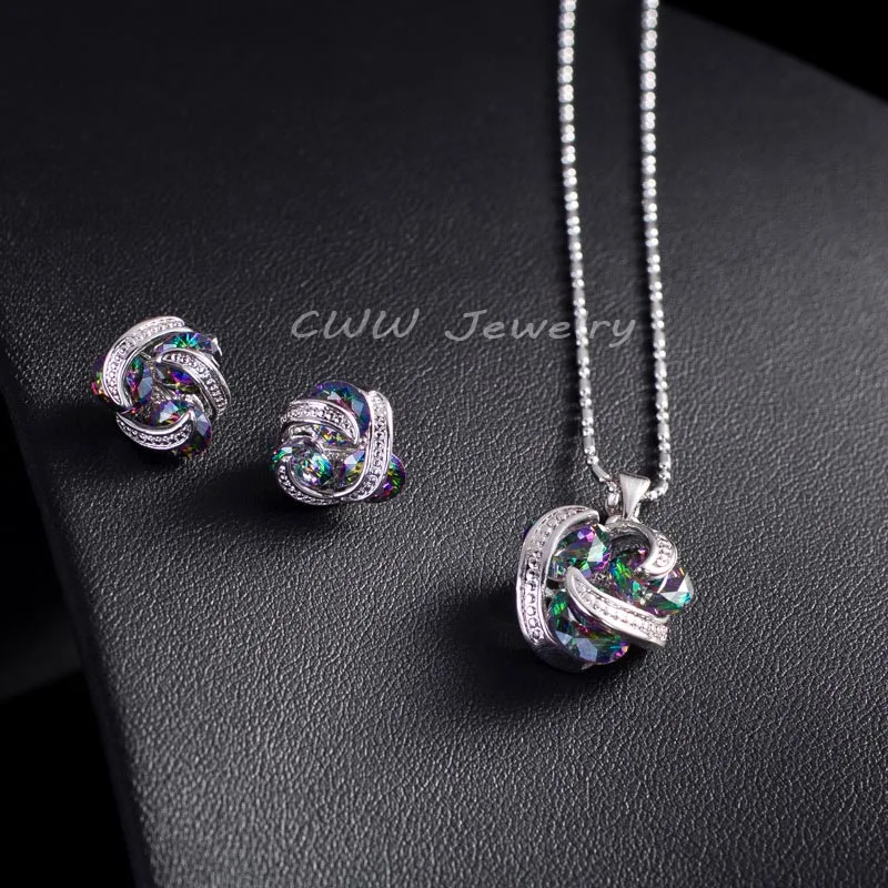 CWWZircons Neue Mode Runde Cut Natürliche Regenbogen Feuer Mystic Kristall Ohrringe Und Halskette Schmuck Sets für Frauen T212