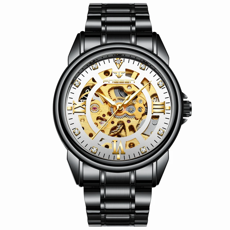 FNGEEN Luxury Stainless Steel Watch Men Hollow Automatic Mechanical Wristwatch Male Gold Crystal Waterproof Clock Mens Watches