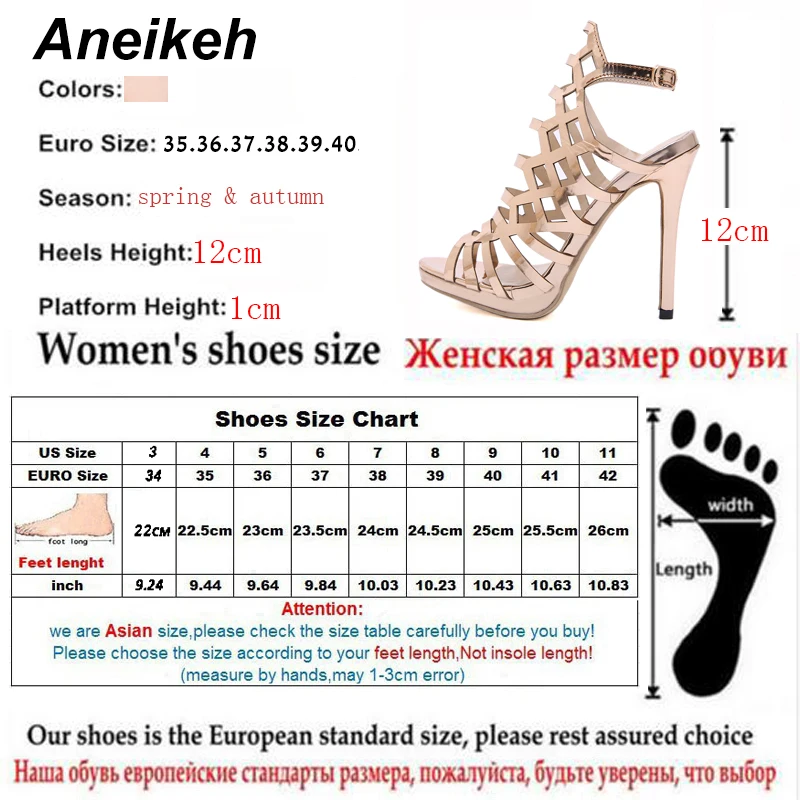 Aneikeh 2024 Fashion Night Club Sexy Hollow Out Super High Heel Womens Sandals Patent Leather Gladiator Golden Party Shoes 35-40