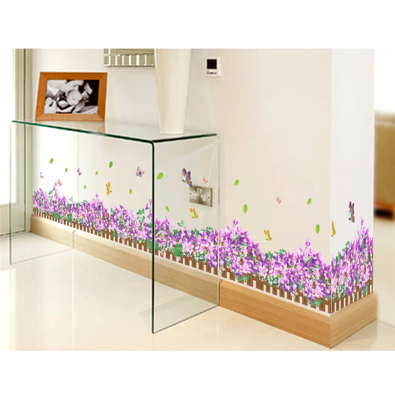 Pastoral Flowers Grass Fence With Butterfly Wall Stickers Pvc Decals Mural Art For Office Shop Bedroom Baseboard Home Decoration