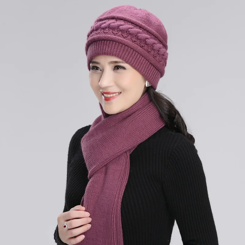 

Wool Knitted Hat Women Winter Warm Elegant Scarf Grandmother Mother Christmas Gift Middle-aged Elderly Female Fashion Cap H7165