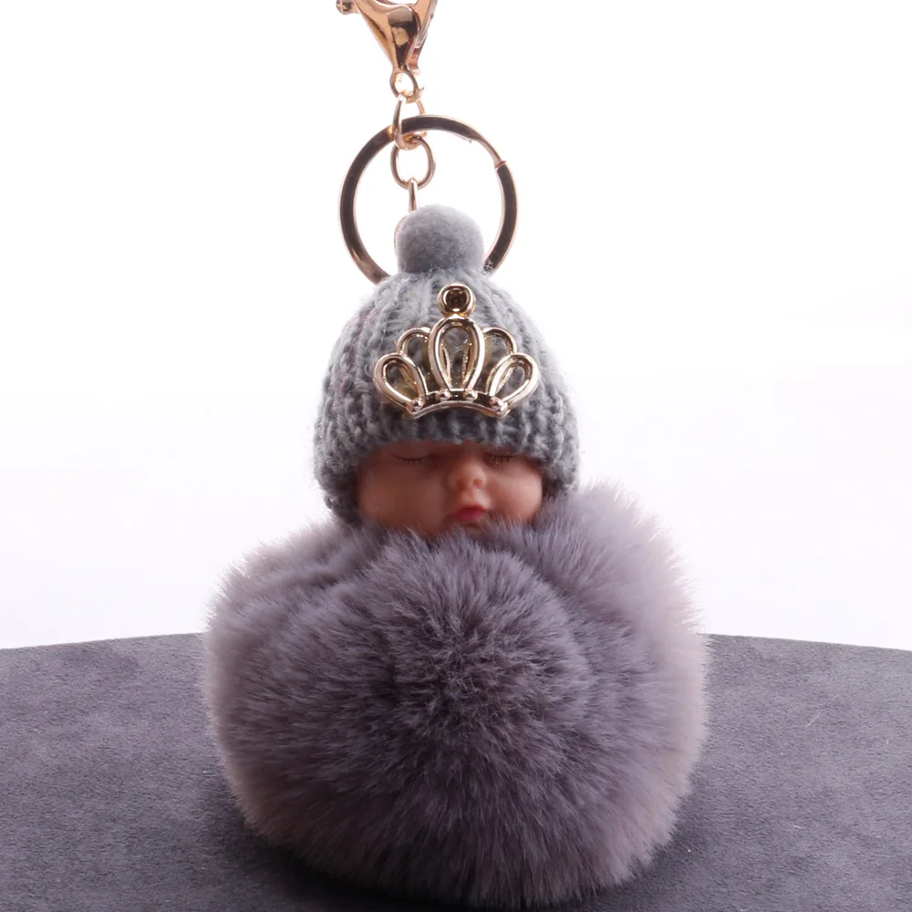 DIEZI-Falso Coelho Pele Bola Chaveiro, Pompom Crown, Dormir Baby Chaveiro, Pom Pom, Chaveiros, Ballet Girl, Mulheres Saco de Jóias