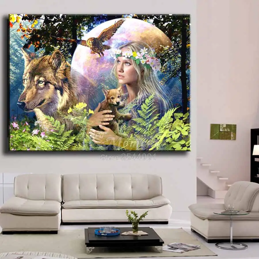 diamond painting wolf and woman girl full square diy 5d diamond embroidery painting set hobby product gift ASF794