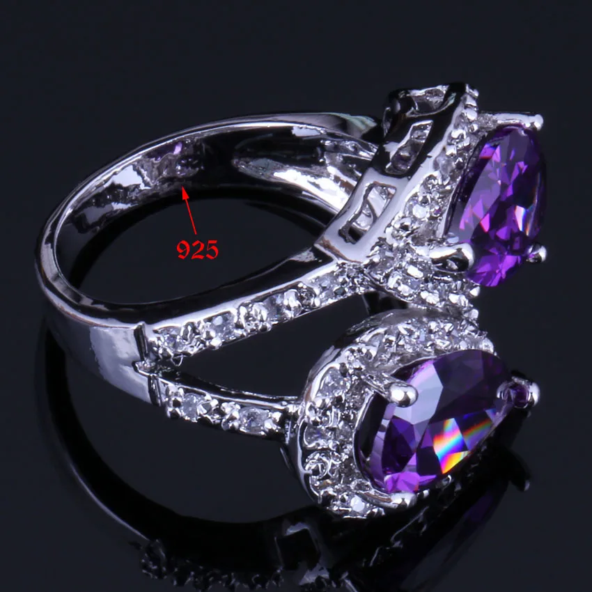 Fabulous Pear Purple Cubic Zirconia White CZ Silver Plated Ring V0471