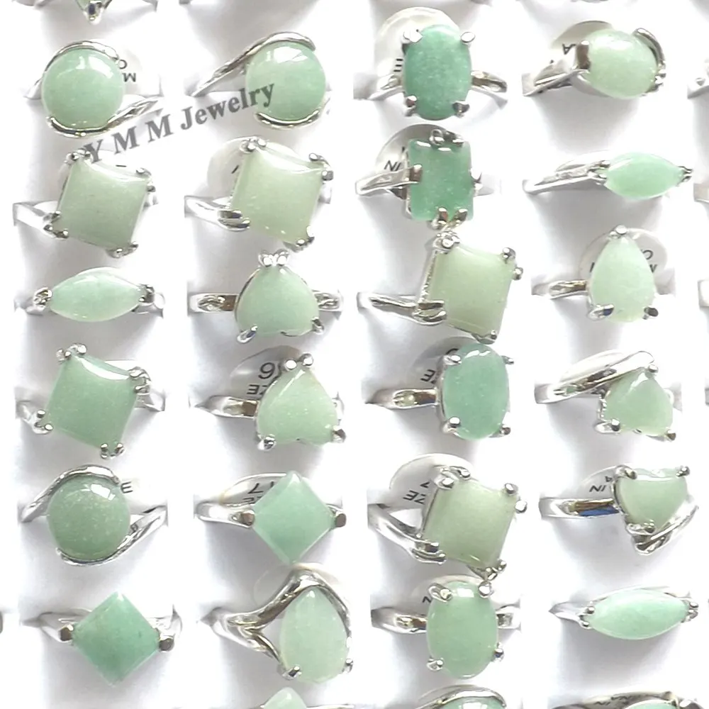 50pcs Mixed Lot Natural Green Aventurine Stone Rings For Women Fahion Jewelry