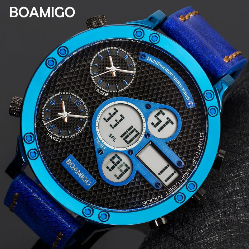 BOAMIGO Mens Watches Top Luxury Brand Men Sports Watches Quartz LED Digital 3 Clock Male Blue Military Watch relogio masculino