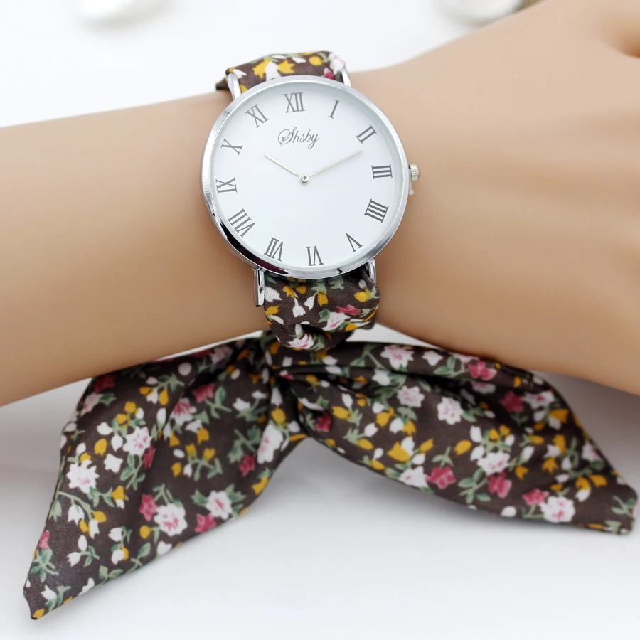 Shsby reloj de pulsera de tela de flores para mujer, reloj de vestir de plata romana, reloj de tela de alta calidad, reloj de pulsera para niñas