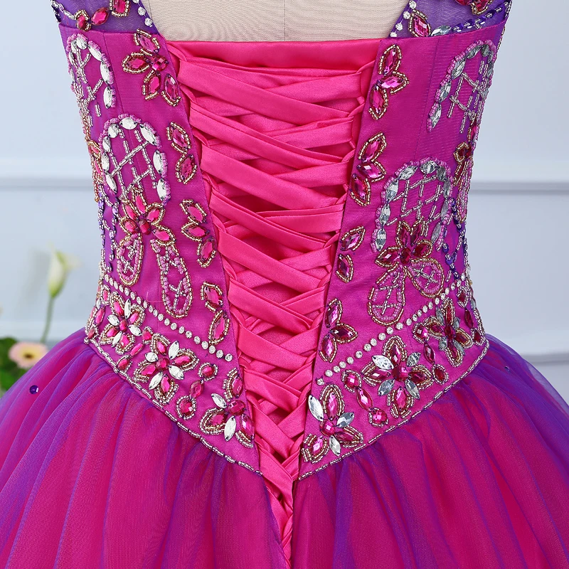 Jeweled-Vestido De quinceañera en capas De tul con cuentas, color fucsia, Morado, dulce, 16 vestidos De baile, escote redondo, verde, 2017