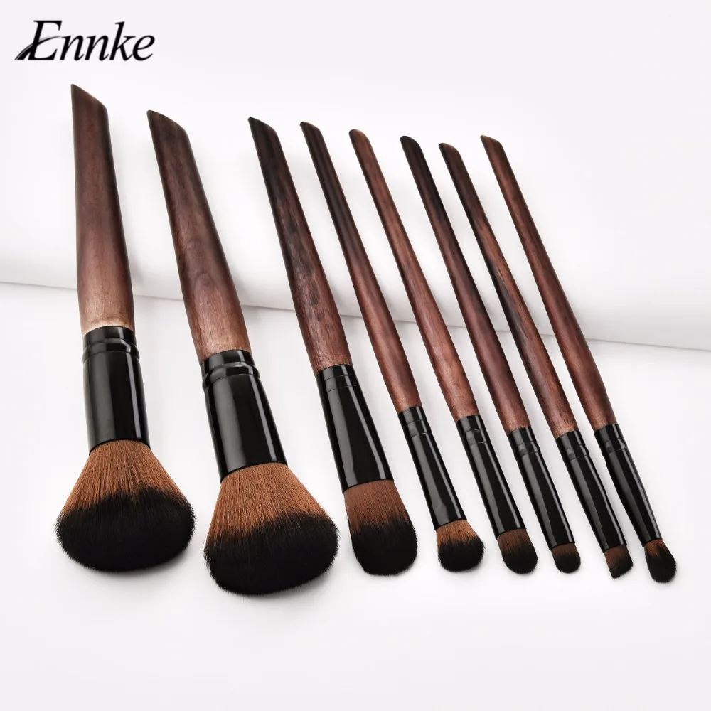 ENNKE 2019 New Arrival 8 Pcs Coffee Makeup Brushes With Dark Red Case Soft Synthetic Hair Wood Handle Facial Eyeshadow Blush Lip