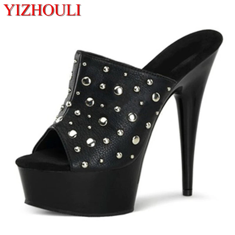 Fashionable polyurethane material, 15 cm, summer high heel paint platform, rivet decoration, sandals