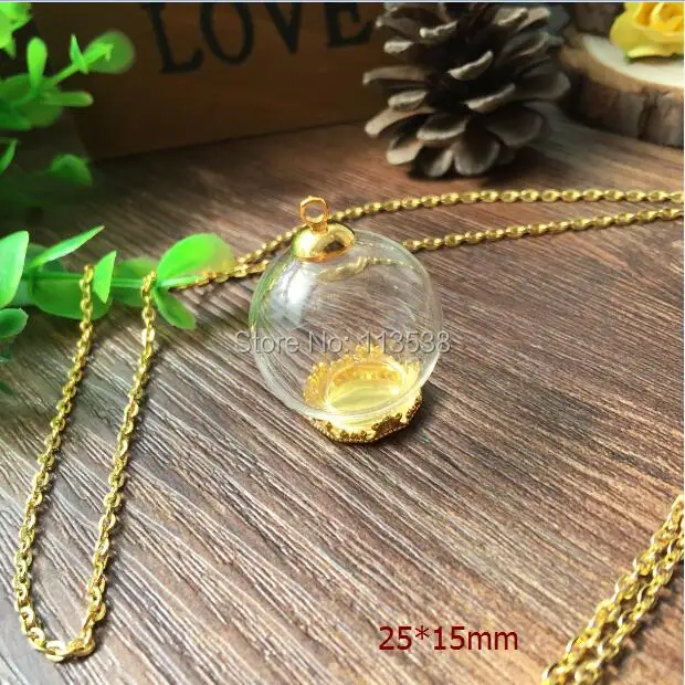 20sets/lot golden 25*15mm round ball glass globe glass global & crown base & cap& necklace set glass vial pendant glass cover