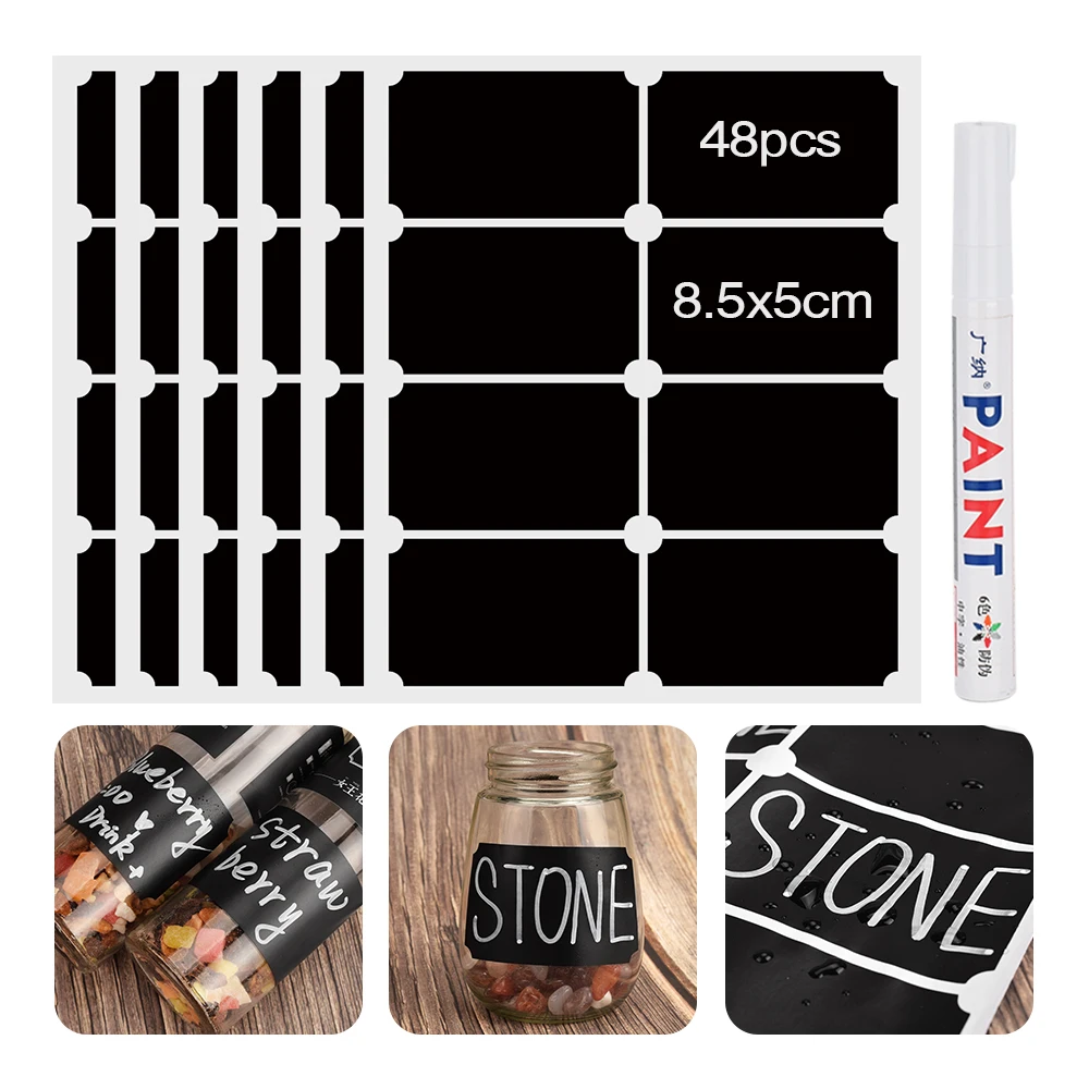 48pcs Waterproof Jar Sticker Kitchen Spices Stickers Jar Jam Label Sticker Storage Bottles Organizer Chalkboard Tag Black Labels