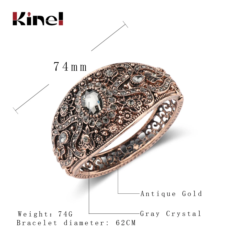 Kienl Vintage Gray Crystal Bracelets For Women Antique Gold Turkish Charm Width Cuff Bangle Bracelets Fashion Bohemia Jewelry