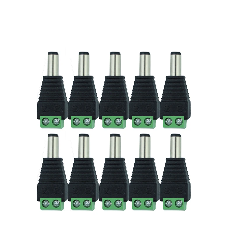 10 peças 12v 2.1x5.5mm dc tomada macho adaptador de conector de tomada para cctv cor única luz de led