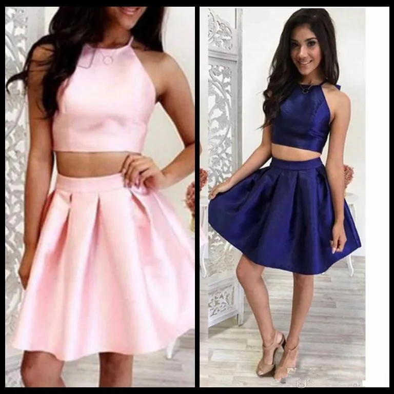 2021 Dlass Cute Pink Blue Halter Neck Short Homecoming Dresses Two Pieces Cheap Sleeveless Girls Prom cocktail Party Gowns