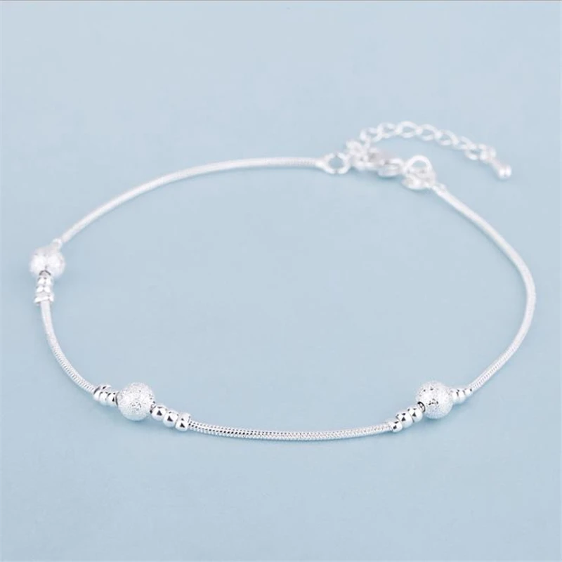 KOFSAC New Fashion Anklets For Women Frosted Beads 925 Sterling Silver Ankle Chain Bracelet Foot Jewelry Girl Beach Party Gifts