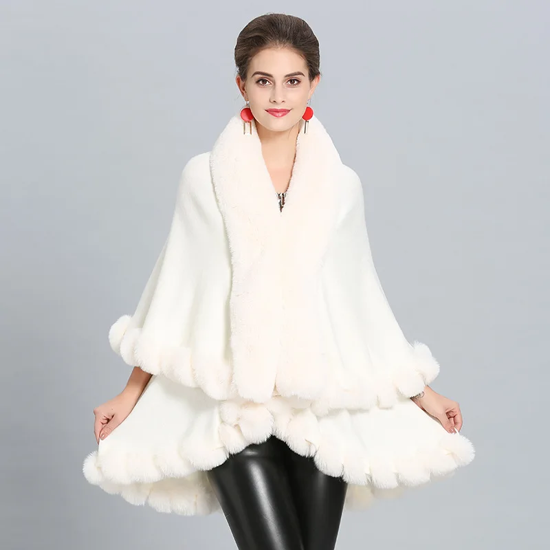 10 Colors Oversize Women Cardigan Loose Shawl Overcoat Winter Warm String Faux Fox Fur Long Knitted 2 Layers Poncho Cape Cloak