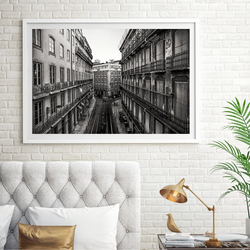 Portugal Lisbon Historic Architectural Posters and Prints Black White Wall Pictures Decor Old Street Yellow Tram Canvas Painting