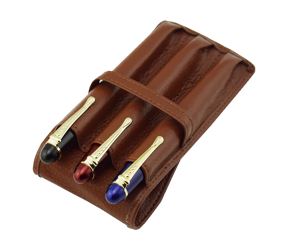 Leather Pencil Case Washed Cowhide Pen Case / Bag for 3 Pens , Coffee Pen Holder / Pouch High Quality for Men & Women