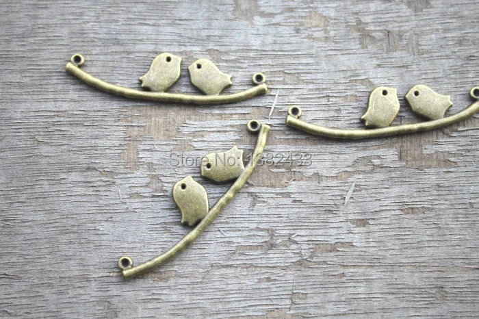 15 PCS - Love Birds,Tibetan bronze Bird Perch Branch Pendants/Charms,Pastoral style, DIY Supplies,11x44 mm