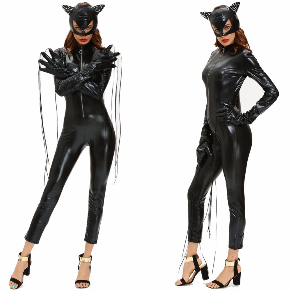 Halloween Sexy Mask Cat Women costumi Cosplay nero Stretch PVC Clubnight tute taglia M & XL body adulto