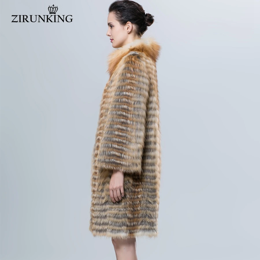 ZIRUNKING Genuine Real Fur Coat Real Red Fox Golden Color Women's Fur Coat  Luxury Knitted Striped Style Autumn Outwear ZC1625