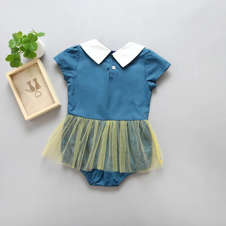 Fashion Baby Girl Bodysuit Fashion Infant Blue Peter Pan Collar Dress Summer Short Sleeve Baby Jumpsuits Outfits for Newborns