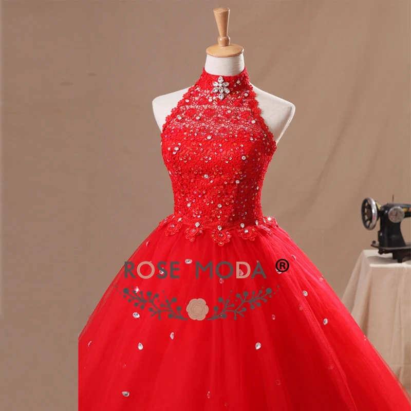 Rosa moda halter decote laço topo vermelho inchado tule quinceanera vestido vestido de baile fotos reais