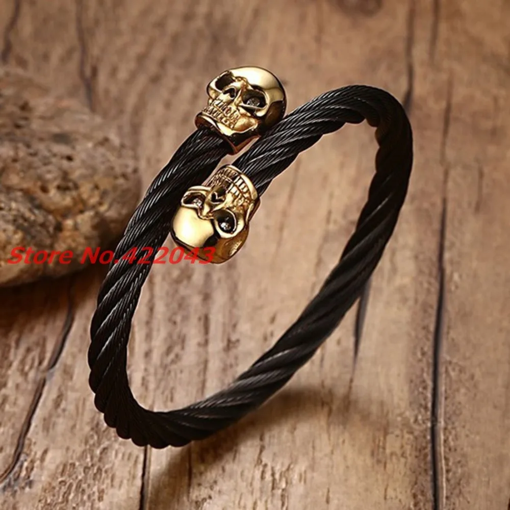 

Trendy Luxury Punk Mens Womens 316L Stainless Steel Black Wire Bracelet Gold Color Cuff Bangle Bracelet For 22.5mm Jewelry Gift