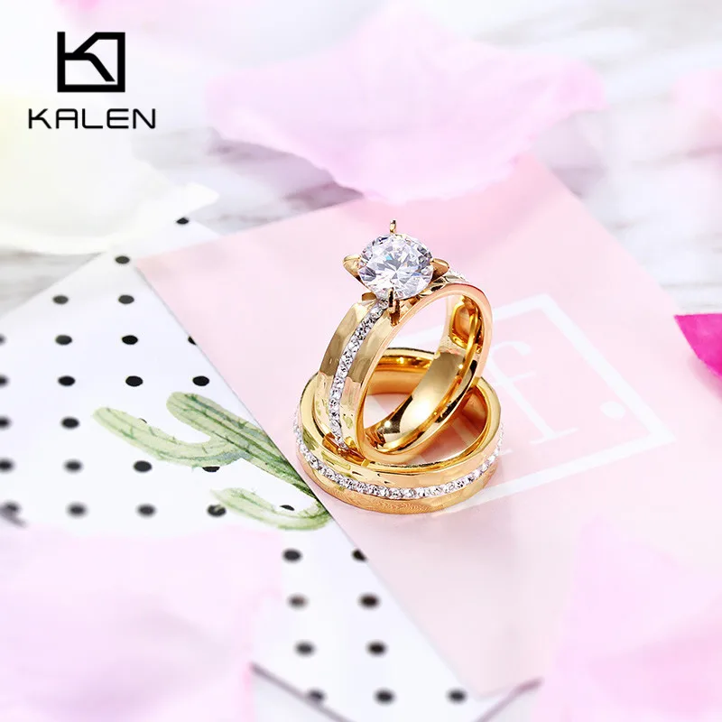 Kalen Wedding Rings Jewelry Stainless Steel Bulgaria Gold Color Couples Promise Rings Women Crystal Love Bang Engagement Rings