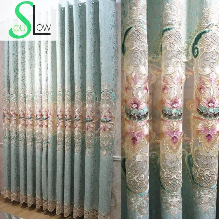 

Slow Soul Green Beige Luxury European Style Living Room Curtain Chenille Embroidered Floral Curtains Tulle For Kitchen Bedroom